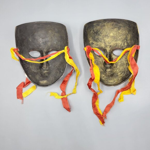 Vintage Decorative Brass Metal Wall Masks Set Of 2 Black With Gold Accents - Picture 7 of 9